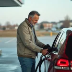 Homme d'âge moyen faisant le plein à une station essence moderne
