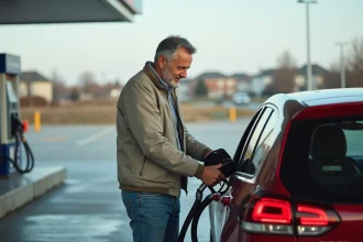 Homme d'âge moyen faisant le plein à une station essence moderne