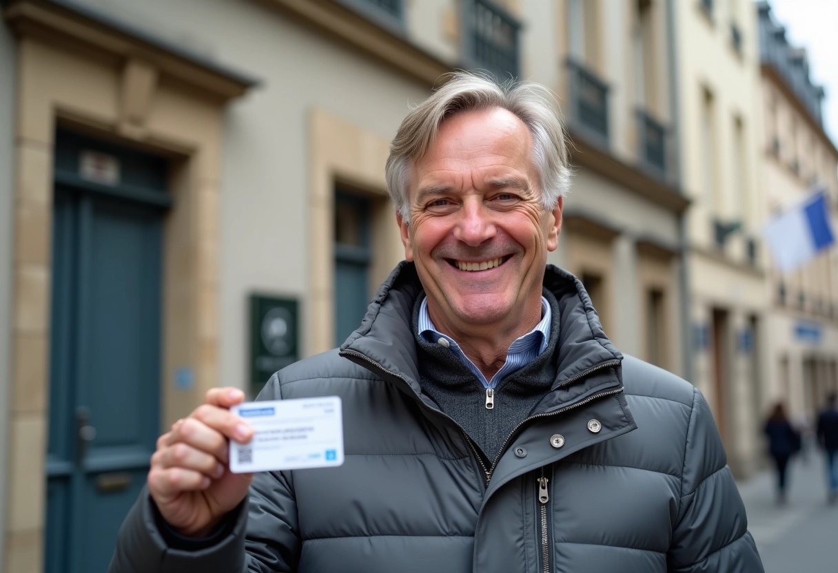 Homme souriant avec permis devant la préfecture en extérieur
