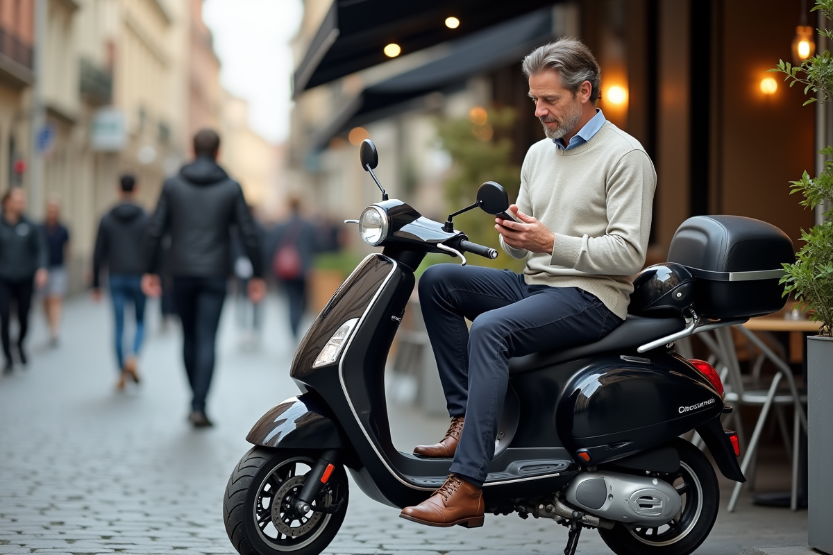 Homme assis sur scooter dans un café urbain