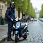 Homme en casque et veste bleue avec scooter à Paris
