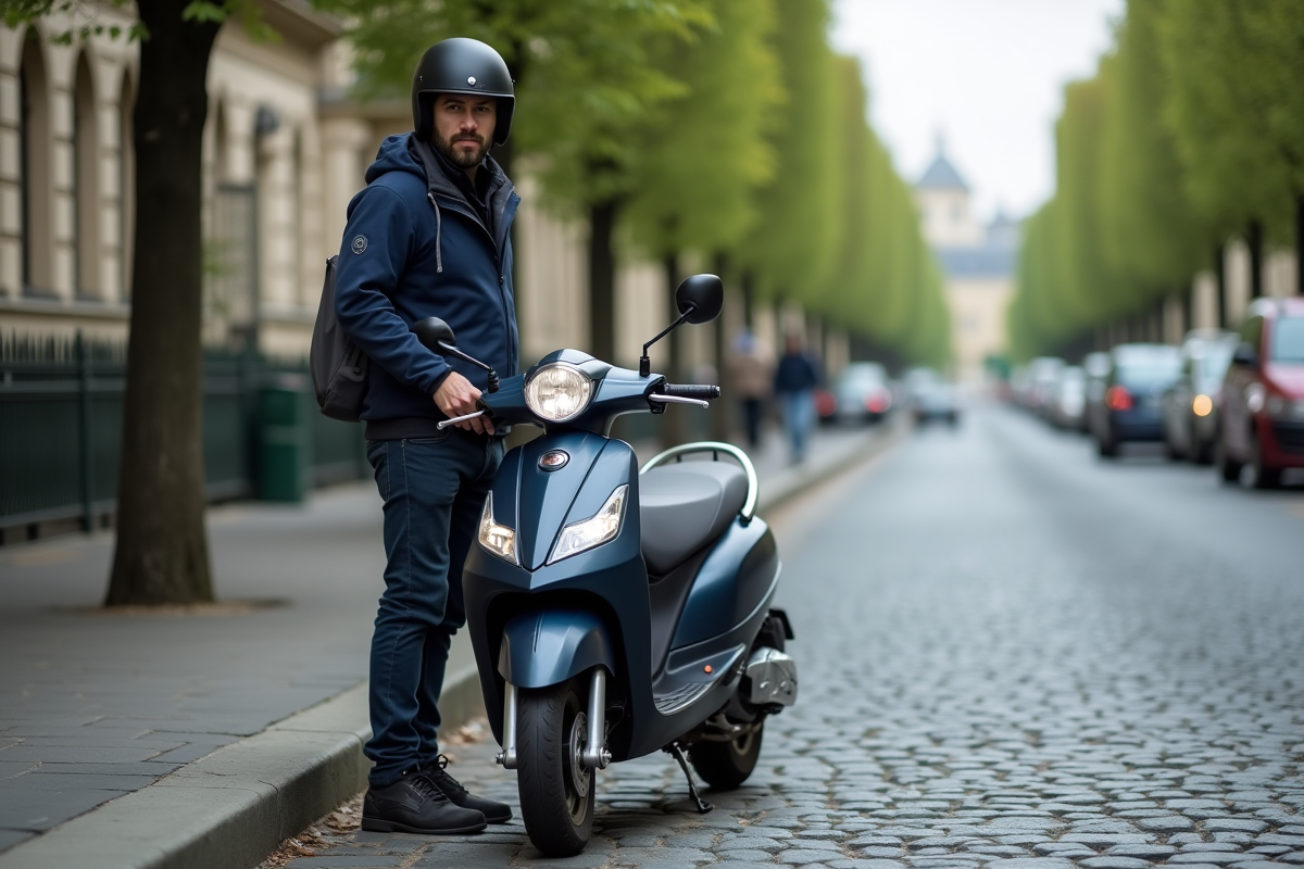 Homme en casque et veste bleue avec scooter à Paris