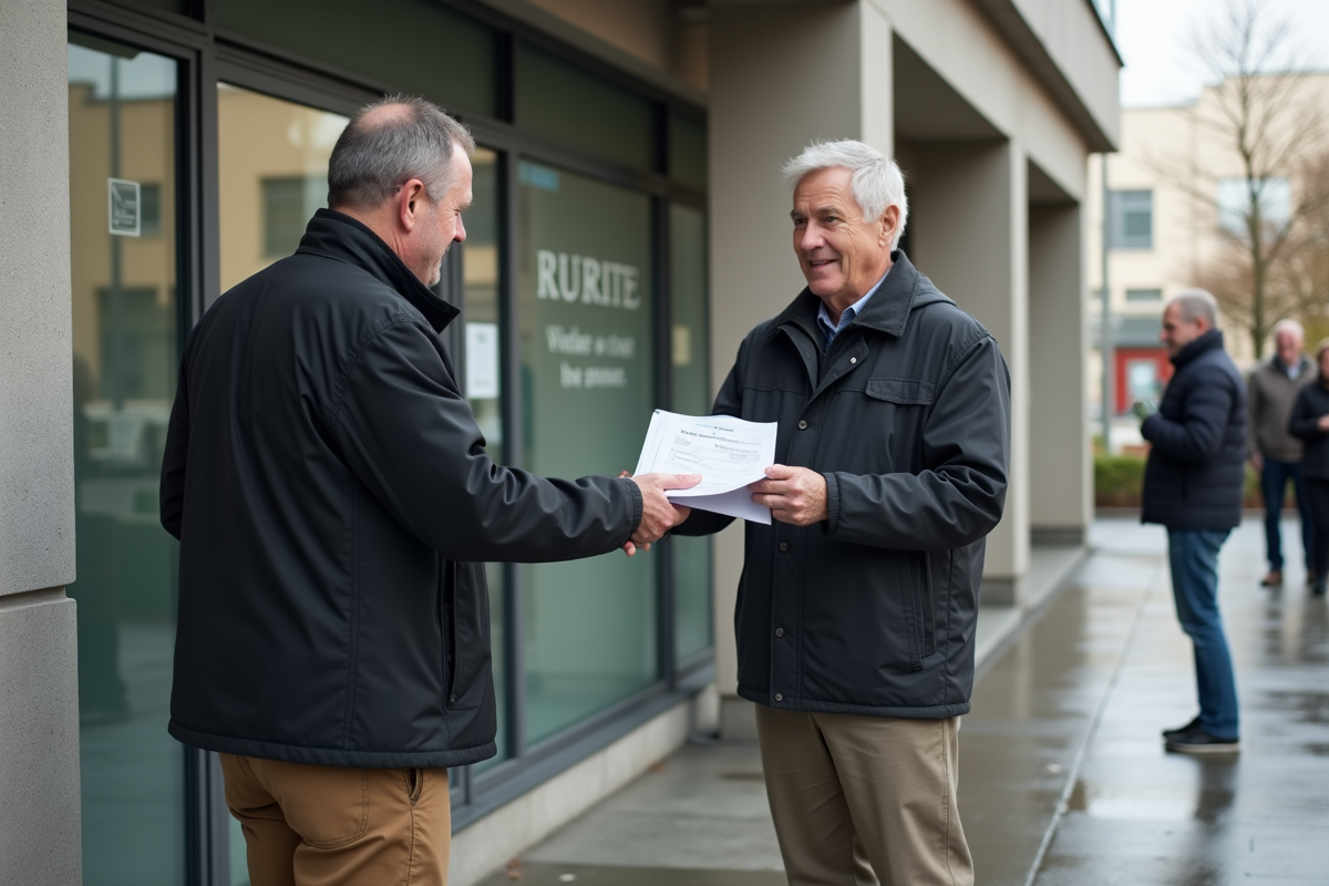 Homme remettant des documents à un guichet administratif extérieur