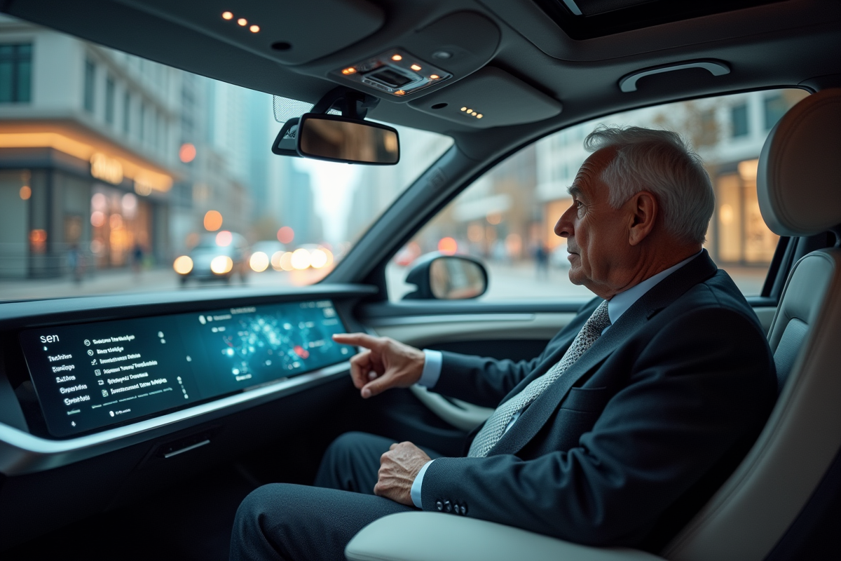 Homme d age interactant avec un affichage holographique dans une voiture autonome