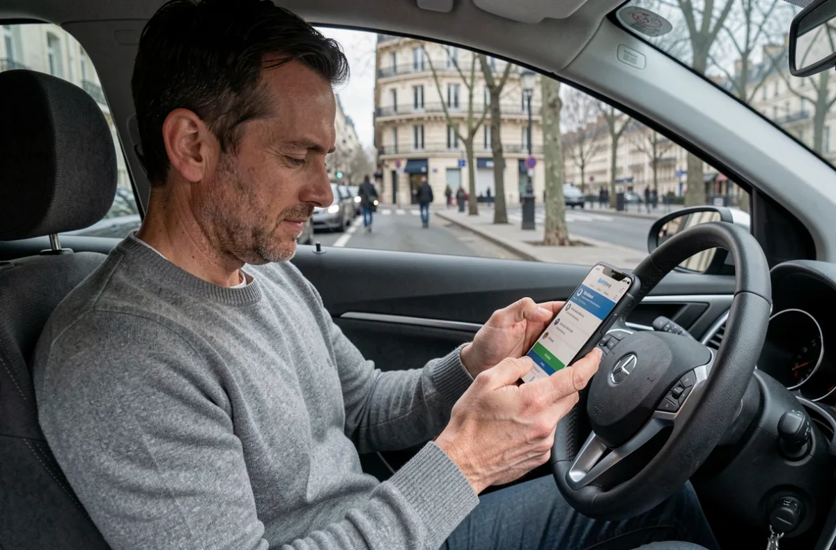 Homme consultant des comparateurs d'assurance auto depuis son véhicule garé à Paris