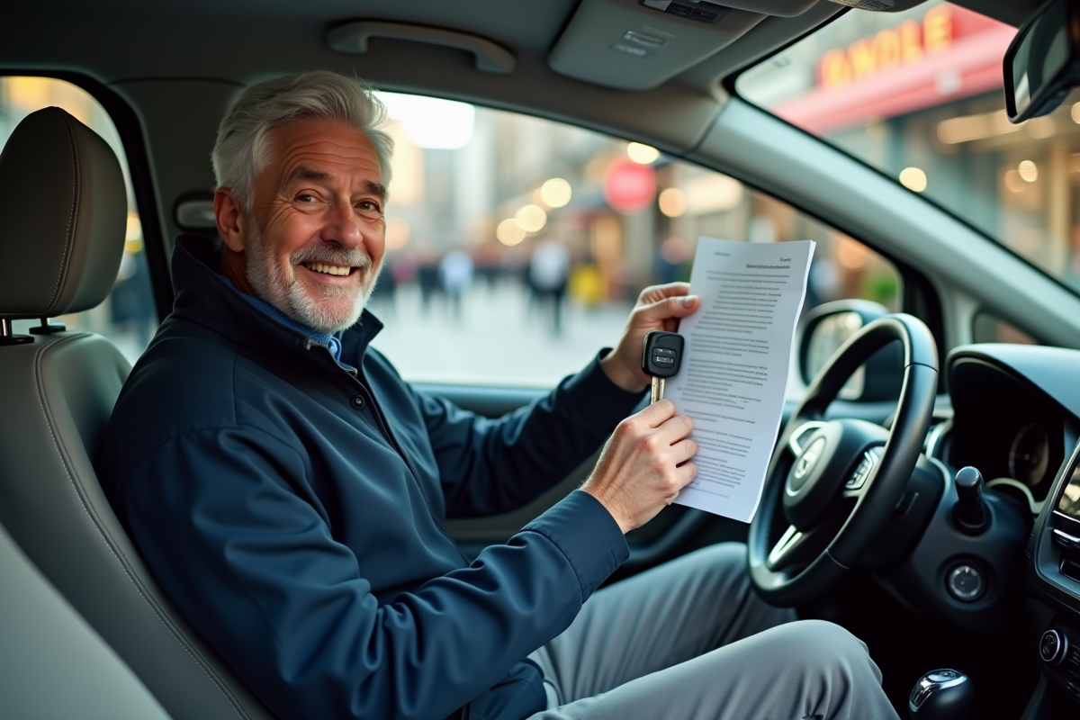 Homme souriant avec clés et assurance dans une voiture urbaine