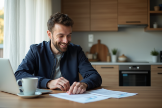 Homme concentré travaillant sur son ordinateur avec documents de conduite