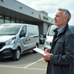 Homme d age moyen compare dimensions de deux Renault Trafic