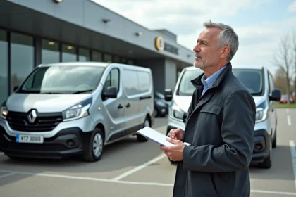 Homme d age moyen compare dimensions de deux Renault Trafic