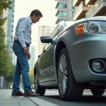 Homme vérifiant l'alignement des roues de sa voiture en ville