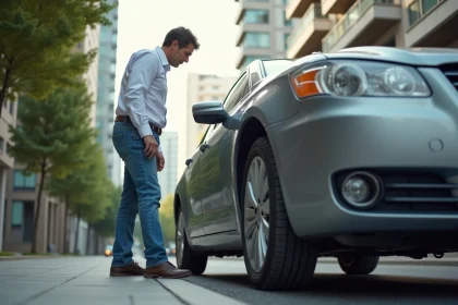 Homme vérifiant l'alignement des roues de sa voiture en ville