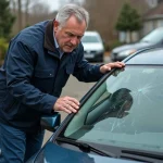 Homme examinant un pare-brise endommagé devant sa maison