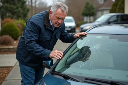 Homme examinant un pare-brise endommagé devant sa maison