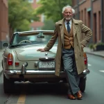 Homme d'âge moyen avec trench et voiture vintage en ville