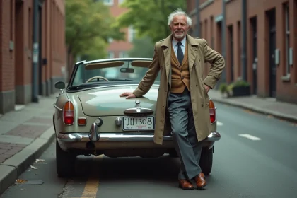 Homme d'âge moyen avec trench et voiture vintage en ville