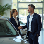 Homme d'âge moyen parlant avec une vendeuse de voiture dans un showroom moderne