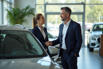Homme d'âge moyen parlant avec une vendeuse de voiture dans un showroom moderne