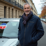 Homme confiant à côté d'une voiture diesel CritAir 1 à Paris