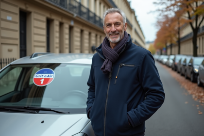 Homme confiant à côté d'une voiture diesel CritAir 1 à Paris