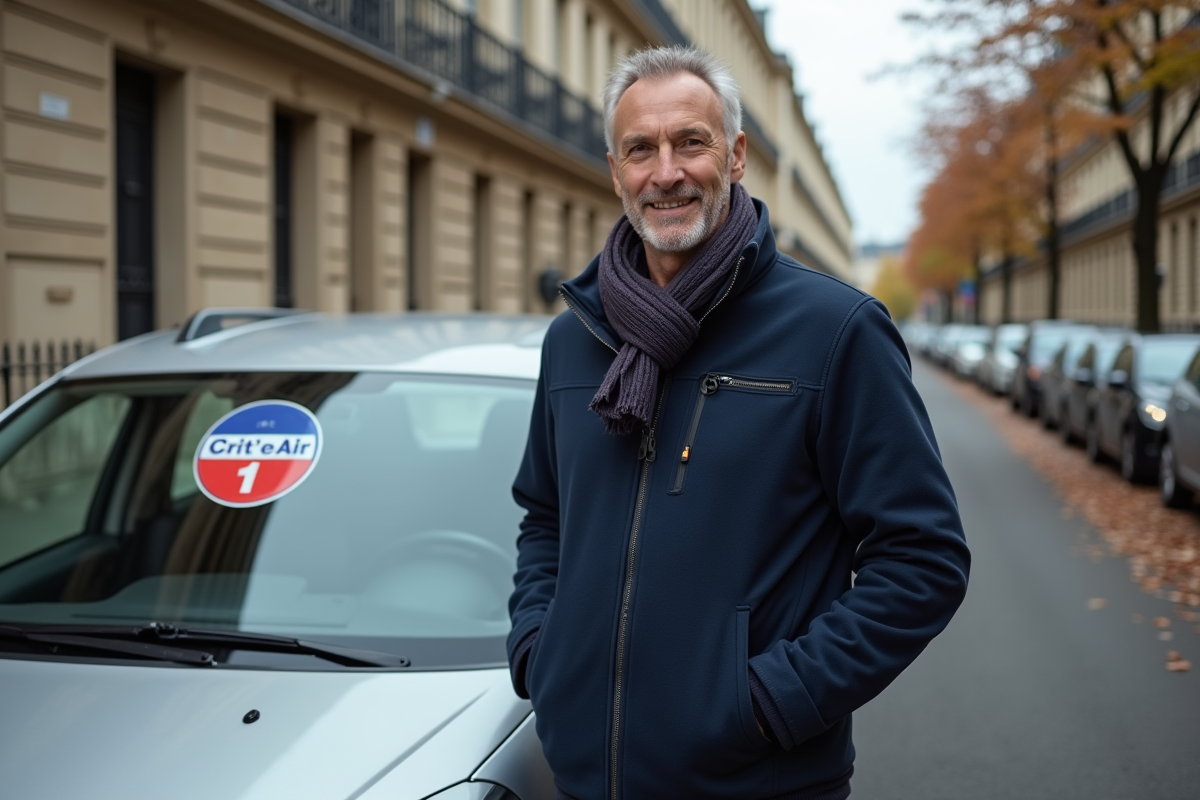 Homme confiant à côté d'une voiture diesel CritAir 1 à Paris