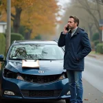 Homme d'âge moyen parlant au téléphone près d'une voiture endommagée