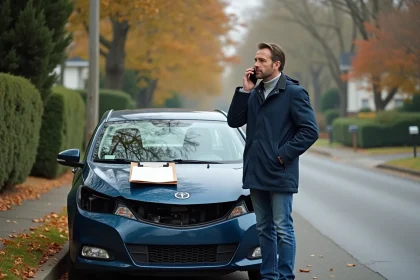 Homme d'âge moyen parlant au téléphone près d'une voiture endommagée