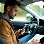 Homme dans sa voiture consulte un manuel et son smartphone