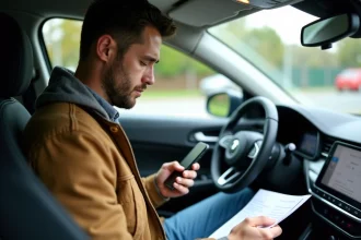 Homme dans sa voiture consulte un manuel et son smartphone