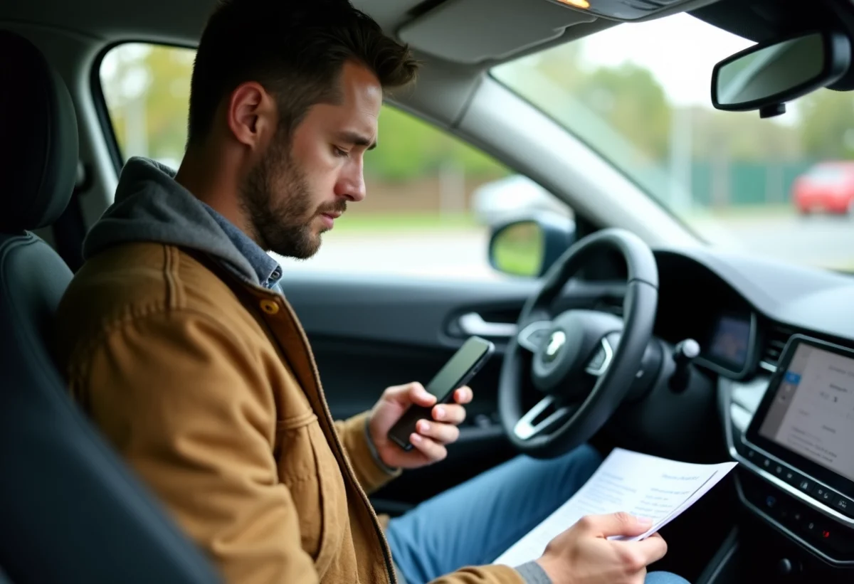Homme dans sa voiture consulte un manuel et son smartphone