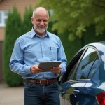 Homme souriant avec voiture d'occasion dans une rue résidentielle