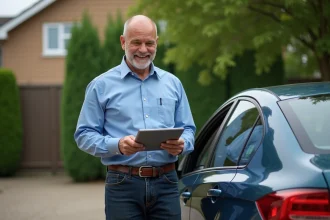 Homme souriant avec voiture d'occasion dans une rue résidentielle