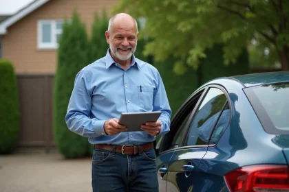 Homme souriant avec voiture d'occasion dans une rue résidentielle