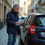 Homme français examine plaque d'immatriculation rouge