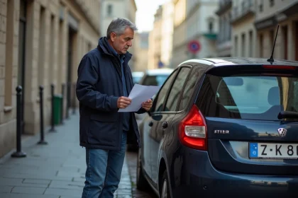 Homme français examine plaque d'immatriculation rouge