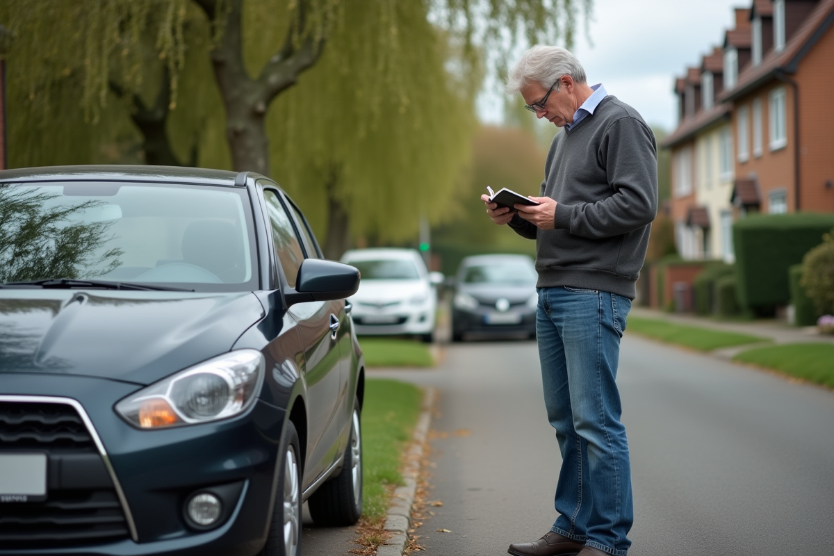 Homme d âge moyen note des chiffres près de sa voiture en ville