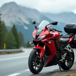 Honda CBR 1000 F garée sur une route de montagne sinueuse dans les Alpes françaises, vue en angle 3/4 avant avec carénage rouge et noir
