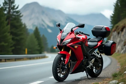 Honda CBR 1000 F garée sur une route de montagne sinueuse dans les Alpes françaises, vue en angle 3/4 avant avec carénage rouge et noir