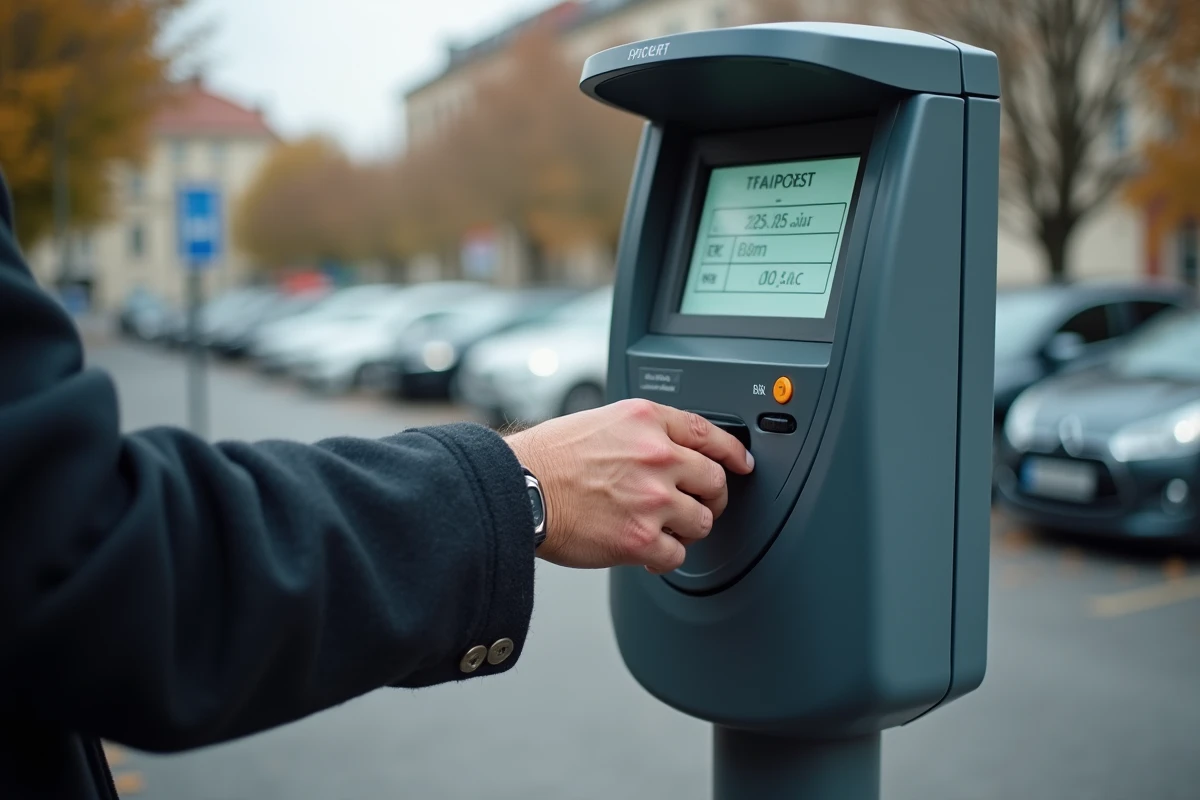 Personne utilisant un horodateur de parking en centre-ville pour régler le stationnement nocturne