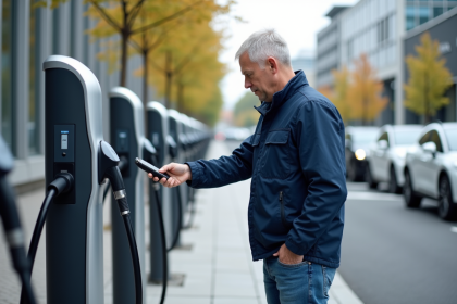 Ingénieur vérifiant un écran de station de recharge électrique