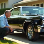 Un homme inspecte attentivement une Chevrolet Impala 1967 noire dans une allée résidentielle, vue latérale grand angle de la voiture classique américaine lors d'un achat potentiel.