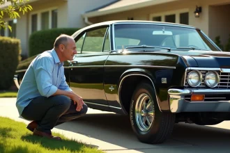 Un homme inspecte attentivement une Chevrolet Impala 1967 noire dans une allée résidentielle, vue latérale grand angle de la voiture classique américaine lors d'un achat potentiel.