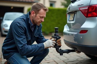 Homme inspectant le montage d'une porte-vélo 4 vélos sur attelage de voiture dans une allée résidentielle
