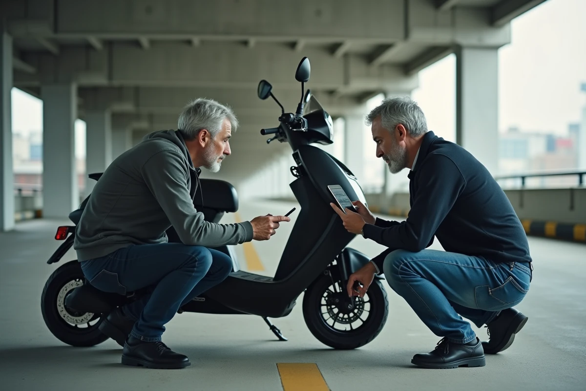 Deux hommes inspectant un maxi-scooter TMAX 750 dans un parking pour vérifier le prix avant achat