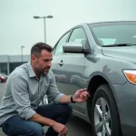 Homme inspectant une voiture d'occasion de marque P dans un parking de concessionnaire automobile