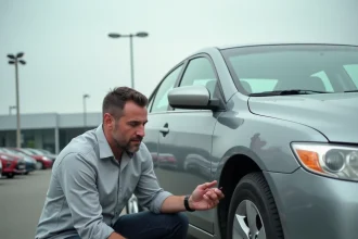 Homme inspectant une voiture d'occasion de marque P dans un parking de concessionnaire automobile