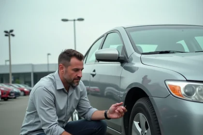 Homme inspectant une voiture d'occasion de marque P dans un parking de concessionnaire automobile