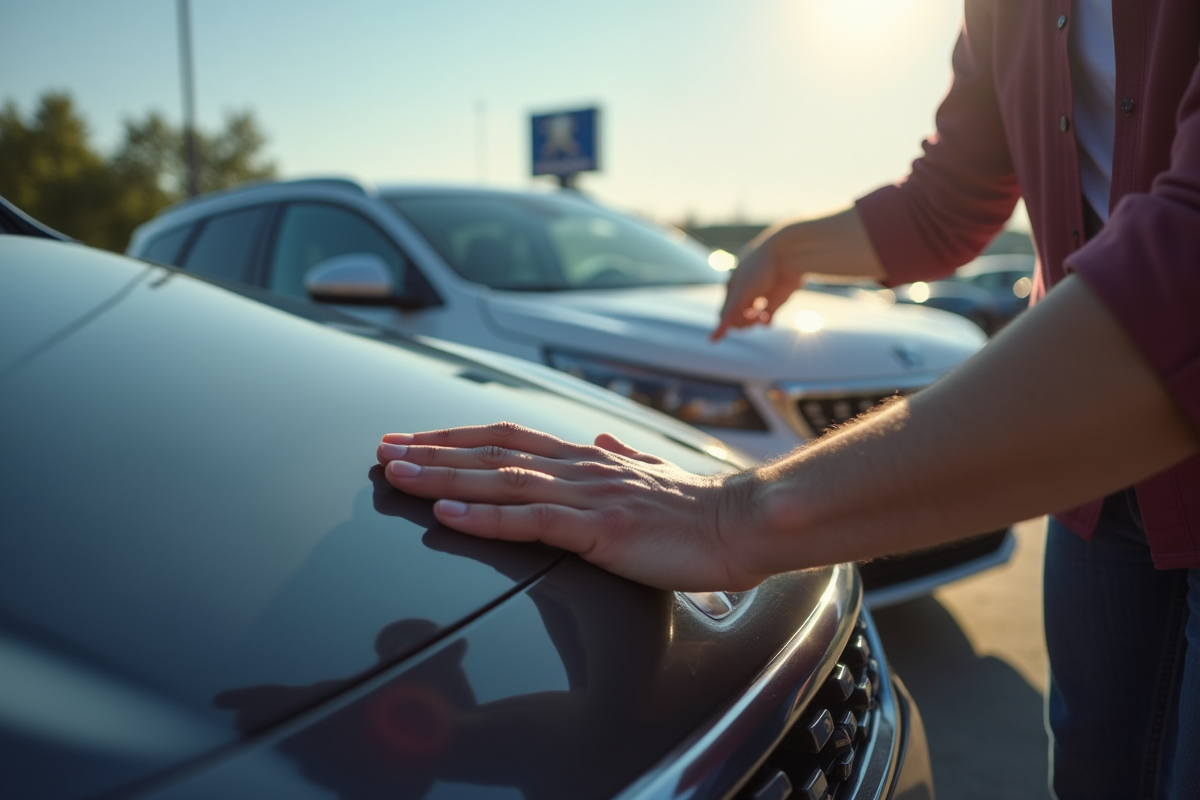 Personne inspectant une Peugeot 3008 en concession