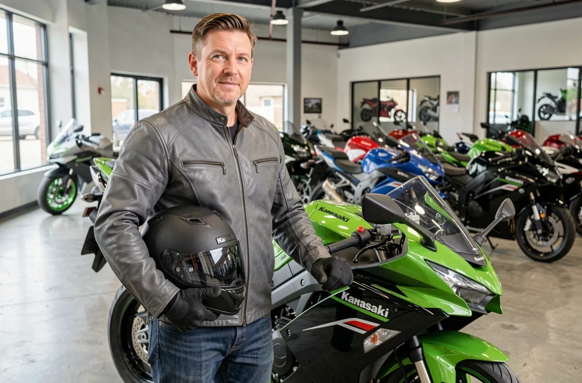 Instructeur de moto en veste de cuir grise dans un showroom de location de motos sportives, tenant un casque noir mat sous le bras