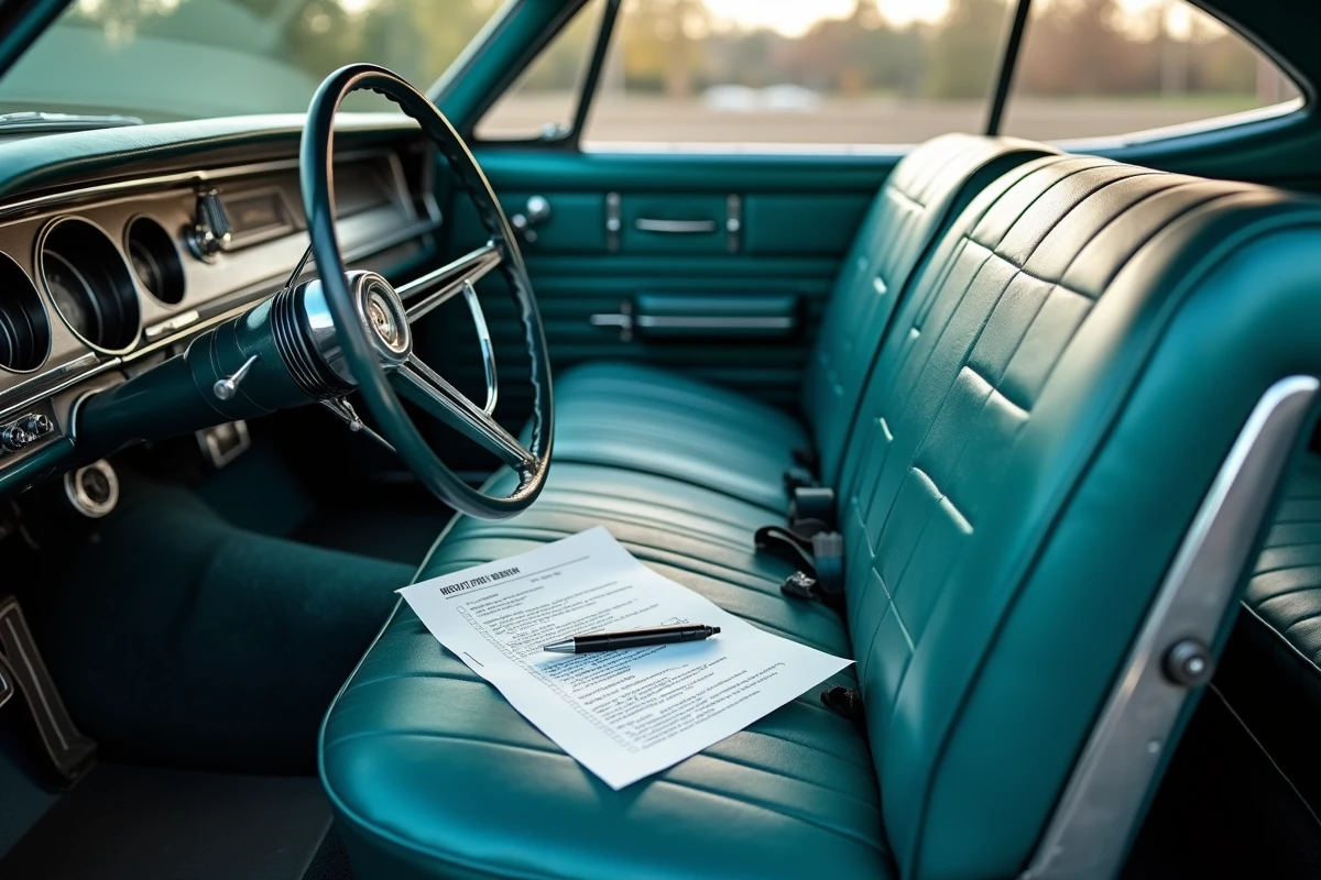 Intérieur authentique de la Chevrolet Impala 1967 avec check-list d'inspection posée sur la banquette avant en vinyle turquoise