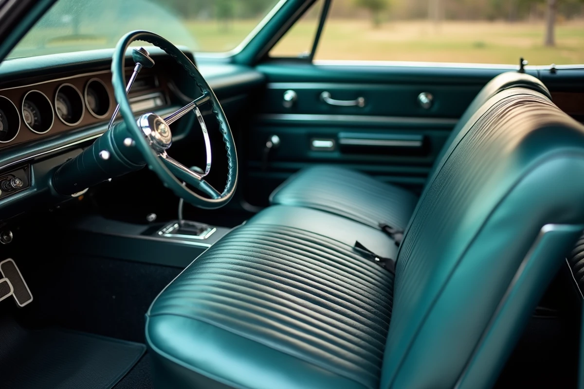 Intérieur authentique d'une Chevrolet Impala 1967 automatique montrant le tableau de bord d'origine, le sélecteur de vitesses chromé et la banquette en vinyle, vue depuis la porte conducteur ouverte.